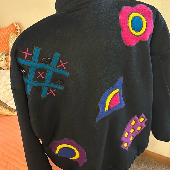 Marylou Ozbolt Storer 80’s Washed Wool Abstract Appliqué colorful jacket sz Med - Picture 5 of 15